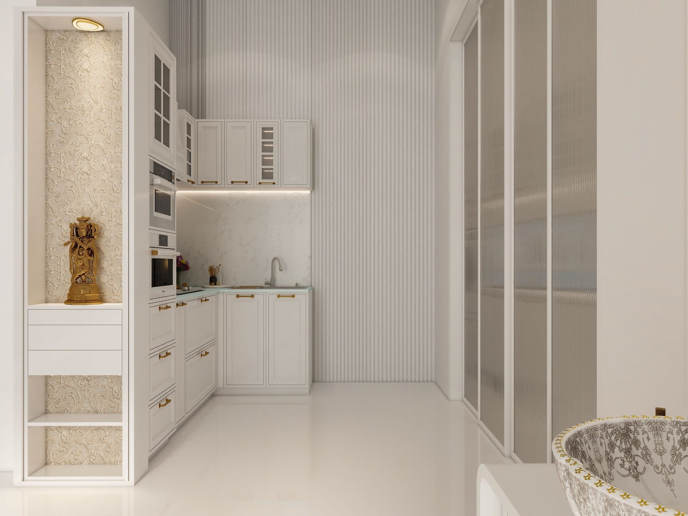 Kitchen in shaker fronts with brass pulls, beside a lit niche kept for the shrine