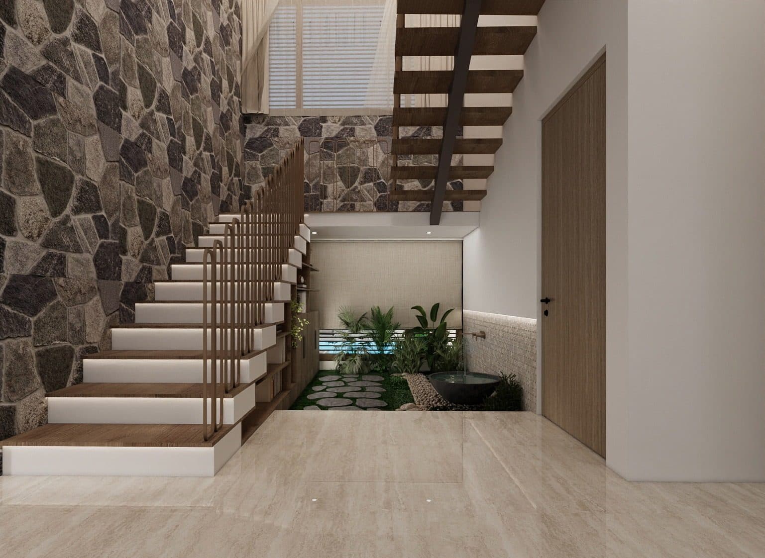 Stone treads cantilevered from a random rubble wall, with a planted court and black stone water bowl in the well beneath