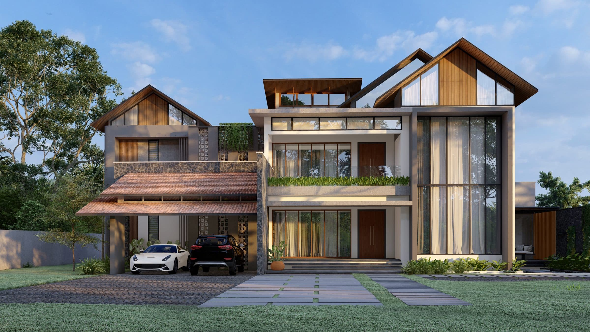 Timber-clad gabled volumes stepping across the frontage above a clay-tiled car porch on rubble stone piers